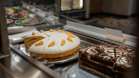 Kuchenstücke und Torten in einer gekühlten Auslage.