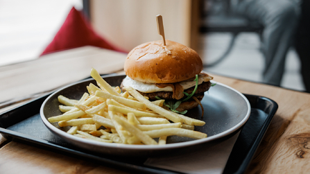 Burger mit Pommes auf einem Teller, serviert auf einem Tablett.